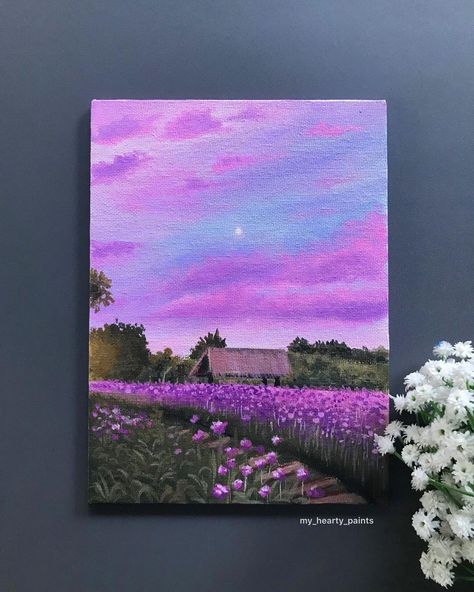 Anju | gouache,acrylics on Instagram: “Dedicating this painting to all the purple lovers💜💜💜🌸🌸 DM to buy @instaartexhibition @artbycreators @artists_hidden @paintdrops2020…” Purple Theme Painting, Purple Art Aesthetic Painting, Purple Aesthetic Painting, Cute Canvas Paintings Aesthetic, Purple Landscape Painting, Canvas Painting Purple, Painting Lilacs, Purple Acrylic Painting, Purple Paintings