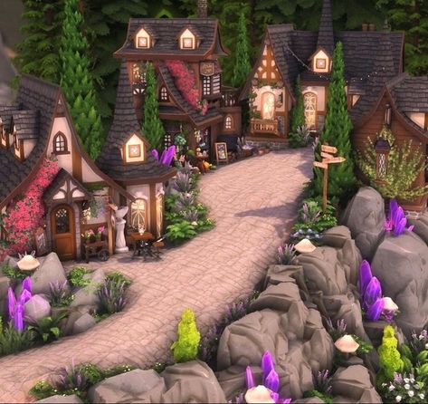 Sims 4 Houses Realm Of Magic, Sims 4 Whimsical House, Sims 4 Magic Realm Build, Sims Glimmerbrook, Sims 4 Glimmerbrook Build, Sims 4 Fairy Cottage, Sims Fairy House, Sims 4 Hobbit House, Sims 4 Fairytale House