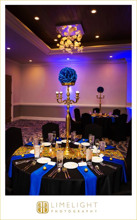 Royal Blue Black And Gold Quince, Blue Black And Gold Birthday Party Decorations, Black Gold Royal Blue Party Decorations, Black And Royal Blue Party Decorations, Black Gold And Royal Blue Party, Black Gold And Royal Blue Decor, Black And Royal Blue Quinceanera Theme, Royal Blue Black White And Gold Party, Black Royal Blue And Gold Wedding