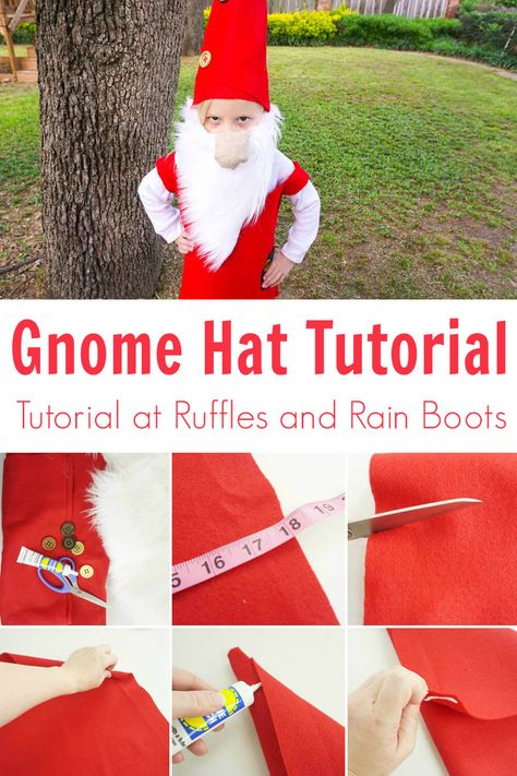 This is the cutest kid's costume idea ever! This simple gnome hat pattern is so easy. I never knew how to make a gnome hat before--click here to see how easy it is! #gnome #gnomehat #gnomecostume #DIYcostume #kidscostume #nosewcostume #rufflesandrainboots Gnome Hats Kids, How To Make A Gnome Hat For Costume, Gnome Costume Hat, Kid Gnome Costume, Printable Gnome Hat Pattern, Making A Gnome Hat, Make A Gnome Hat, Christmas Gnome Costume, Diy Gnome Hat Costume