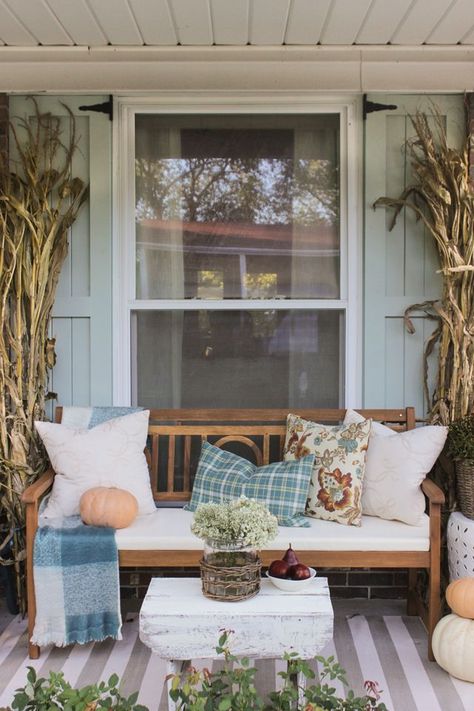 Welcome to the Fall Front Porch - Shades of Blue Interiors Farmhouse Fall Porch Decor, Pumpkin Topiaries, Porch Shades, Front Porch Bench, Cozy Pillows, Porch Bench, Corn Stalks, Brick Ranch, Dried Hydrangeas