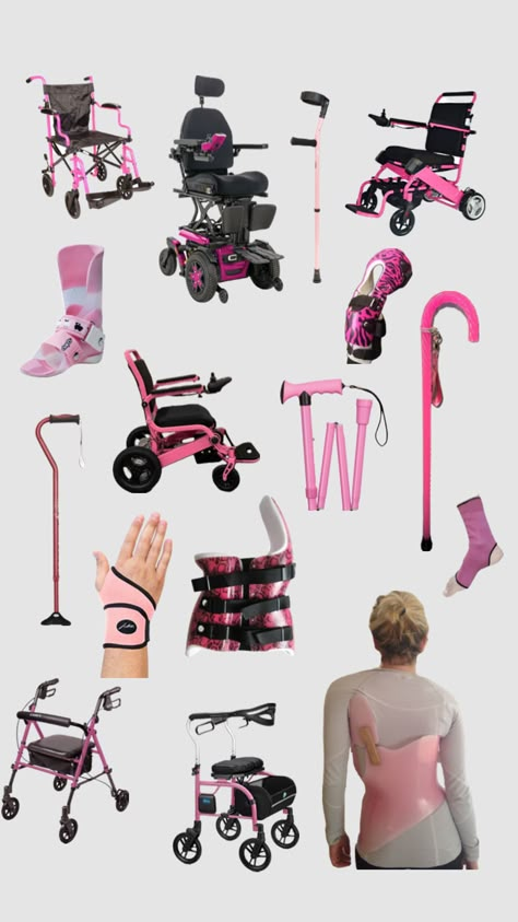 Pink mobility aids for chronically ill/disabled Barbie #wheelchair #mobilityaid #mobilityaids #crutches #cane #chronicallyill #chronicpain #chronicillness #scoliosis #backbrace #hypermobility Barbie Wheelchair, Disabled Fashion, Wheelchair Accessories, Physical Disabilities, Cute Nurse, Mobility Aids, Crutches, Cool Poses, Body Reference