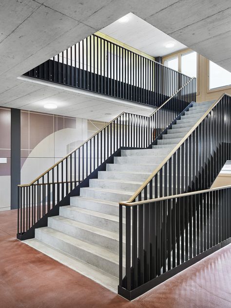 Gallery of Lindau School Sports Building / Schwabe Suter Architekten - 3 Balustrade Design, Genius Loci, Stairway Design, Sport Hall, Modular Building, School Building, Partition Wall, Stair Railing, School Sports