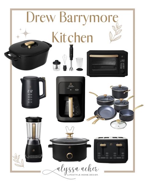 Black Retro Kitchen Appliances, Drew Barrymore Appliances Black, Black And Gold Kitchen Decor Apartment, Drew Barrymore Pots And Pans, Essential Kitchen Appliances, Beautiful Appliances Drew Barrymore, Minimalist Kitchen Appliances, Drew Berry More Kitchen Appliances, Beautiful Kitchen Appliances