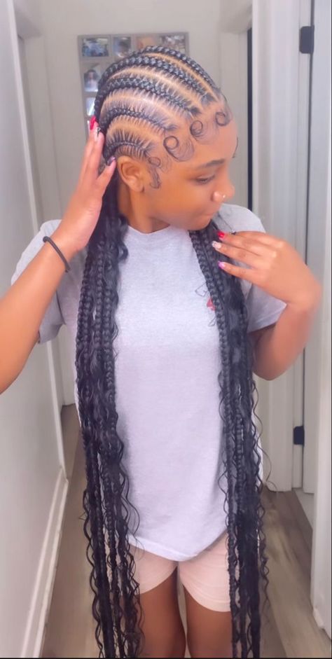 Cheap Black Hairstyles Braids, Long Cornrows With Curls, 8 Straight Back Braids, Hairstyles For Black Women Braids Weave, Fast Hairstyles With Braiding Hair, Scalp Braids With Curls, Stitch Braids With Boho Curls, Long Stitch Braids With Design, Quick Hair Styles With Braiding Hair