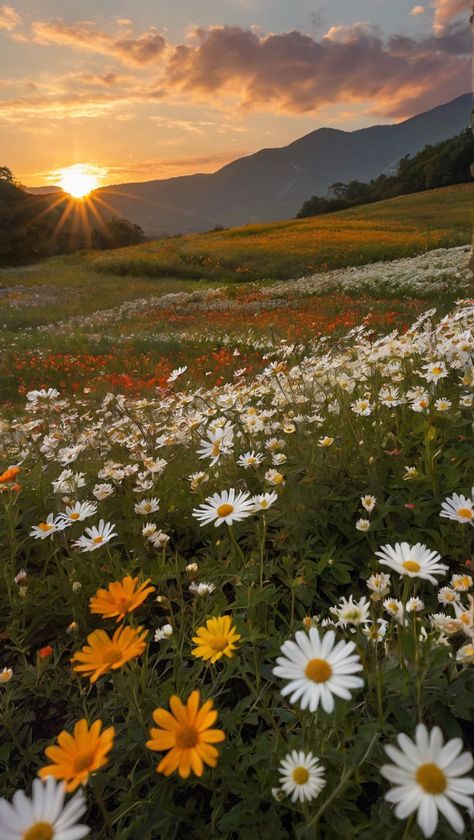 Pretty Nature Backgrounds, Flower Field Iphone Wallpaper, Open Field Photography, Field Of Flowers Photography, Spring Field Aesthetic, Aesthetic Fields Of Flowers, Senery Pic Landscape, House In Flower Field, Daisy Field Aesthetic