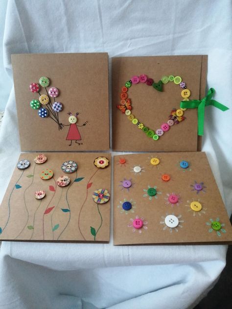 Set of 4 unique handmade greeting cards with button designs, blank inside for your own message, brown cards and envelopes used for these Made to order Patchwork, Diy With Buttons Ideas, Handmade Greeting Cards Ideas, Buttons Art, Dolls Handmade Diy, Diy Greeting Cards, Handmade Greeting Card Designs, Babysitting Crafts, Vintage Sewing Box