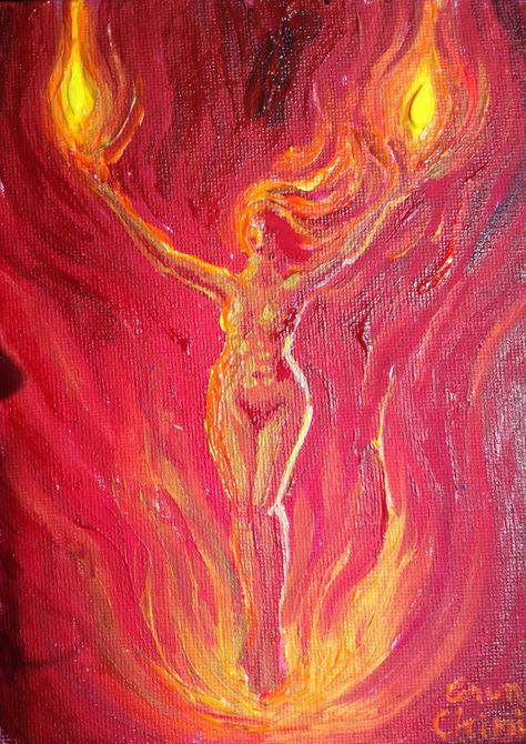 Lava Goddess Art, Woman On Fire Painting, Fire Sign Women, Fire Body Painting, Feminine Rage Painting, Fire Goddess Tattoo, Fire Woman Art, Fire Fairy Aesthetic, Chthonic Gods