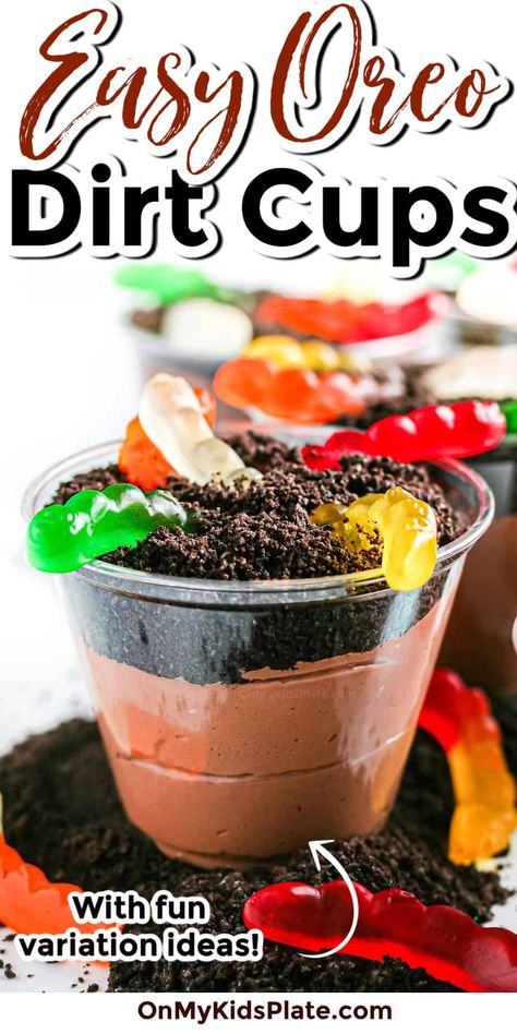 Easy Chocolate Dirt Pie Cups (With Variations!) - On My Kids Plate Dirt Pie Cups, How To Make Dirt Cups, Dirt In A Cup Recipe, Kids Summer Desserts, Vbs Meals, Dirt Cups For Kids, Dirt Cups Easter, Oreo Dirt Cups Recipe, Dirt Pie Recipe