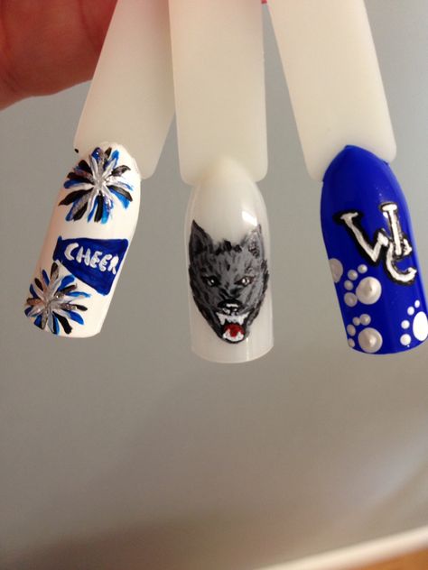 Cheer nails "Go Big Blue" Shays nails Nail Ideas For Cheerleaders, Football And Cheer Nail Designs, Cheer Mom Nails, Cheerleading Nails Designs Cheer, Cheerleader Nails Designs, Pom Pom Nail Design, Cheer Nails Cheerleading, Cheer Nails Designs, Cheerleader Nails