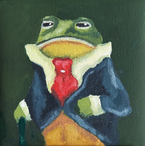 Painting of frog in a suit Frog In Suit Painting, Funny Oil Paintings, Frog In A Suit Drawing, Funny Frog Painting, Froggy Painting, Frog Painting Ideas, Easy Frog Painting, Frog Painting Easy, Frog In A Suit