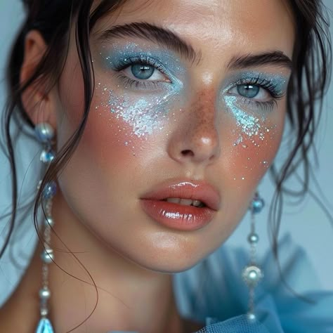 Mermaid Makeup Dark Skin, Ocean Goddess Makeup, Couture Makeup Looks, Sea Inspired Makeup, Water Nymph Makeup, Blue Pearl Makeup, Poseidon Makeup, Lagoona Blue Makeup, Fairy Makeup Blue