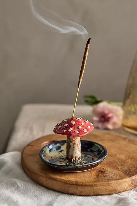 Candle Holders & Lanterns | Anthropologie Fimo, Creative Incense Holder, Insence Holder Ideas, Pottery Incense Holder, Mushroom Home Decor, Clay Products, Magical Room, Mushroom Crafts, Ceramic Incense Holder