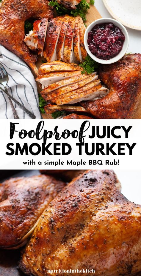 Looking for turkey recipes? This easy smoked turkey is great for Thanksgiving, Christmas, Easter, or any time of year (summer bbq season too!). It’s so juicy and tender with crispy, flavourful skin! The breast, wings, and every part of the whole turkey is incredible and the maple bbq rub adds so much flavour. It’s one of the best rub recipes you can use for any poultry! If you’ve never tried a whole turkey in a smoker, now’s the time!