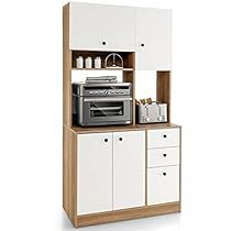 Microwave Cupboard, Cupboard For Living Room, Hutch With Doors, White Luxury Kitchen, Mid Modern House, Freestanding Pantry, Kitchen Door Styles, White Kitchen Pantry, Luxury Kitchen Cabinets