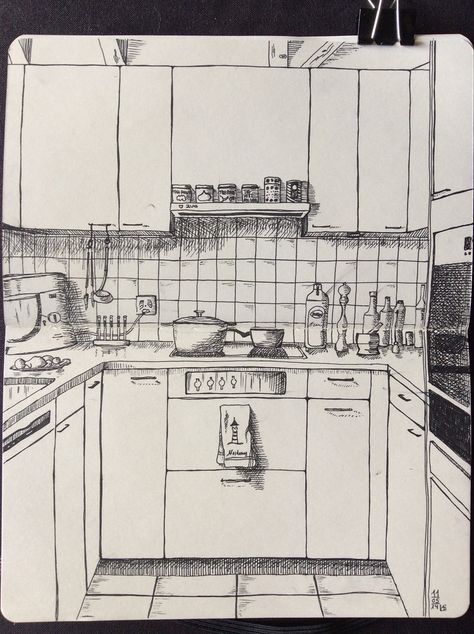 Cute Kitchen Design, Art Du Croquis, Perspective Drawing Architecture, Interior Design Sketches, Architecture Drawing Art, Perspective Art, Interior Sketch, Perspective Drawing, Arte Inspo