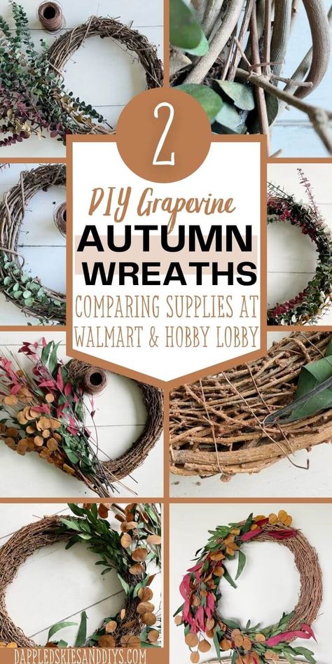 Two fall grapevine wreath DIYs with eucalyptus. Comparing supplies from both Hobby Lobby and Walmart, and how to create these easy wreaths. Fall Grapevine Wreath DIY/ Eucalyptus Grapevine Wreath/ Farmhouse Wreath DIY/ Natural Wreath/ Wreath DIY Ideas/ Cheap Home Decor DIY Homemade Grapevine Wreath, Diy Fall Grapevine Wreath, Fall Grapevine Wreaths Autumn, Simple Grapevine Wreath Ideas, Grape Vine Wreaths Diy, Grapevine Wreath Ideas Diy, Fall Grapevine Wreath Ideas, Eucalyptus Wreath Diy, Wreath Diy Ideas