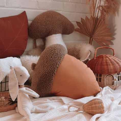 Mushroom Throw Pillows, Fox Themed Room, Woodland Office Decor, Woodland Montessori Room, Leaf Theme Bedroom, Sherpa Home Decor, Autumn Theme Nursery, Snail Nursery Theme, Fox Theme Bedroom