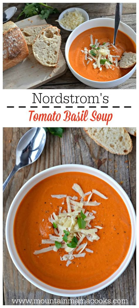 Nordstrom's Tomato Basil Soup - Mountain Mama Cooks Tomato Basil Bisque, Vegetable Lunch, Tomato Bisque Soup, Tomato Basil Soup Recipe, Soup Tomato, Creamy Tomato Basil Soup, Soup Appetizers, Bisque Recipe, Tomato Bisque