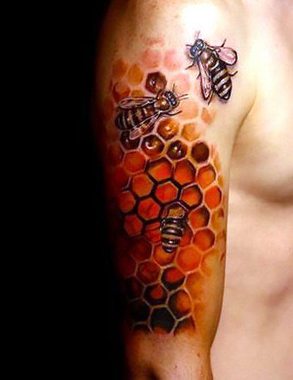 Realistic bees and honeycomb. Style: Realistic. Color: Colorful. Tags: Best, Beautiful, Awesome, Great Beehive Tattoo, Bee Tattoos, Honey Bee Tattoo, Honeycomb Tattoo, Tattoo Filler, Awesome Tattoo, Muster Tattoos, Bee Honeycomb, Bee Tattoo