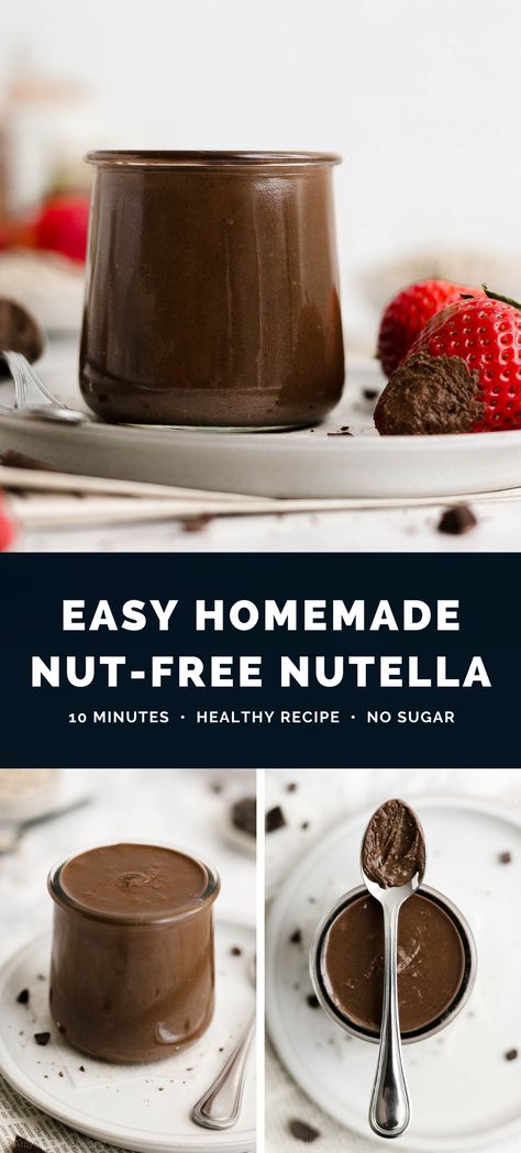 This homemade nutella recipe is SO easy to make. You only need 4 ingredients & a few minutes! It’s sweet, smooth & tastes the same — yet it has no dairy, sugar or nuts. (Hooray for allergy friendly nutella!) Naturally vegan, gluten free, low carb, sugar free & clean eating. I’m obsessed — it’s SO good!! ♡ homemade nutella without hazelnuts. vegan nut free nutella. diy sugar free nutella. dairy free nutella recipe. homemade nut free nutella healthy. how to make nutella at home. Nut Free Nutella Recipe, Vegan Nutella Recipe, Diy Nutella Recipes, Chickpea Nutella Recipe, Homemade Nutella Healthy, How To Make Nutella At Home, Healthy Nutella Recipes, Chocolate Spread Recipe, Healthy Spreads