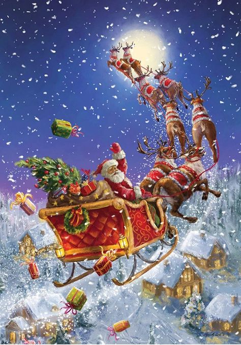 Christmas Paintings On Canvas Easy, Paintings On Canvas Easy, Animated Christmas Pictures, Santa Claus Pictures, Magic Christmas, Christmas Paintings On Canvas, Sew Projects, Santa And His Reindeer, Santa Pictures