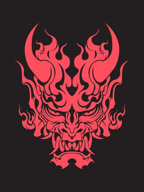 Demon samurai oni mask hannya mask skull head tattoo illustration vector design template Oni Mask Logo, Oni Mask Art, Skull Head Tattoo, Demon Illustration, Samurai Mask Tattoo, Demon Samurai, Fire Sketch, Oni Art, Japanese Oni Mask