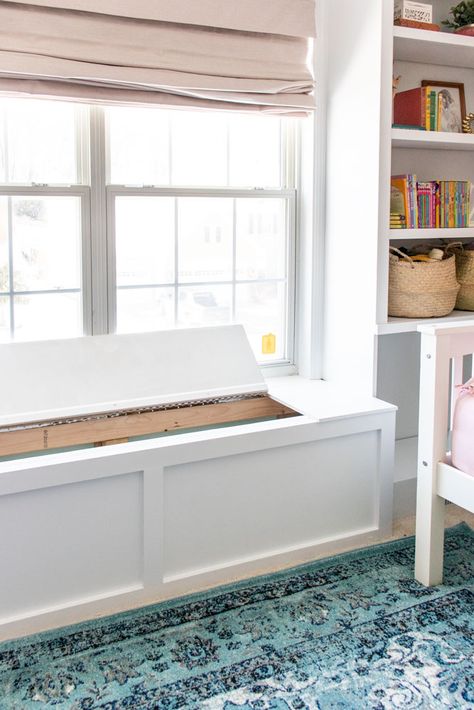 Built In Mudroom Bench With Storage Around Window, Window Bench Seat With Bookshelves, Bookcase Window Wall, Window Seat Measurements, Diy Bedroom Window Seat, Built In Window Seat With Storage, Diy Window Seat With Bookshelves, Built In Shelves With Bench, Windowseat Bookcase