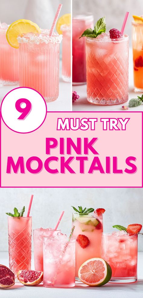 A collection of pink mocktails in tall and short glasses garnished with lemon slices, mint leaves, berries, and fresh fruit. Refreshing non-alcoholic drinks perfect for summer, parties, and brunch. Beautiful pastel drinks with ice cubes and vibrant colors, ideal for festive celebrations or baby showers. Cheap Mock Tails, Fun Pink Drinks Non Alcoholic, Pink Fizzy Drink, Pink Virgin Drinks, Pink Virgin Cocktails, Pink Beverages Non Alcoholic, Nonalcoholic Pink Drinks, Teen Mocktail Bar, Alcohol Free Party Ideas