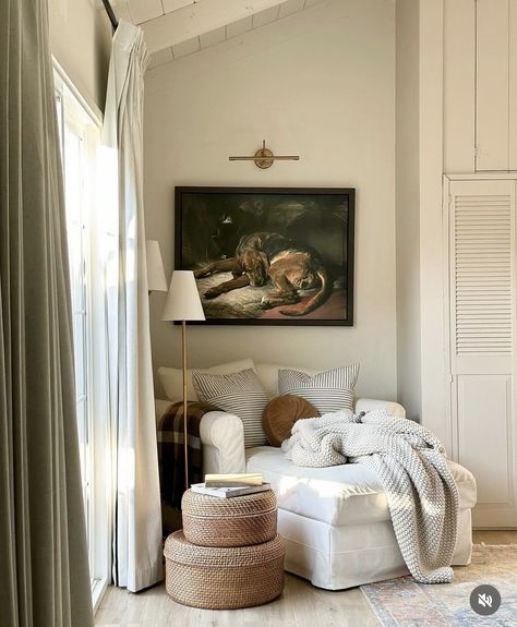 Corner Reading Nook Living Room, Reading Corner Living Room, Soft Armchair, Cosy Reading Corner, Textured Pillows, Living Room Nook, Sitting Nook, Reading Nook Ideas, Rustic Baskets