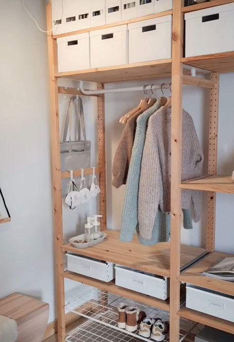 Ivar Hanging Clothes, Trofast Clothing Storage, Ivar Ikea Bedroom, Ikea Ivar Closet, Ivar Closet, Ivar Ideas, Ivar Regal, Ivar Ikea, Cheap Rooms