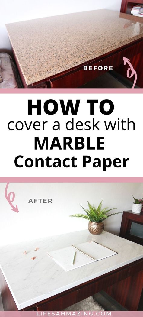 Marble contact paper can instantly transform your old desk or countertop. Click to see how to apply contact paper on your desk and give your home office a major style boost. #diyhomedecor #diyprojects #contactpaper #homeoffice Diy Desk Countertop, Contact Paper Desk Teacher, Removable Wallpaper Desk, Contact Paper For Coffee Table, Peel And Stick Office Desk, How To Cover Furniture With Contact Paper, Contact Paper Cubicle, Contact Paper Table, Wallpapered Desk