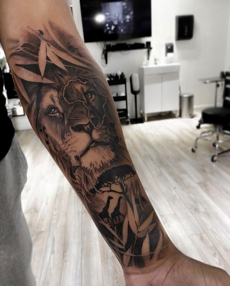 Forearm Animal Tattoo, Forearm Tattoos Aesthetic, African Sleeve Tattoos For Guys, Lion Calf Tattoo, Animal Tattoos For Men Forearm, Jungle Theme Tattoo, Side Calf Tattoo Men, Lion Forearm Tattoo For Men, Inner Calf Tattoo