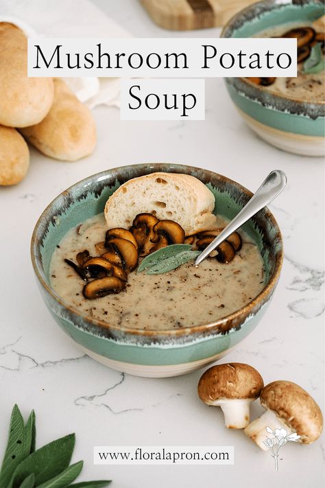 Mushroom Potato Soup - The Floral Apron Potato Soup With Mushrooms, Roasted Potatoes Soup, Potato Soup Without Heavy Cream, Potato And Mushroom Soup, Potato Mushroom Soup, Puree Soup Recipes, Mushroom Potato Soup, Marrow Soup, Crispy Mushrooms