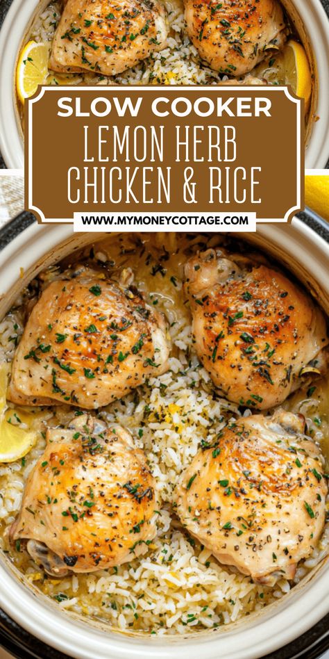 Bright and zesty slow cooker lemon herb chicken with fluffy rice is a wholesome, one-pot dinner the whole family will enjoy. The refreshing citrus and herbs make this dish light yet satisfying. Save this pin for a quick and easy weeknight meal! Slow Cooker All In One Meals, Rice And Chicken One Pot Recipes, Quick And Healthy Crockpot Meals, Easy Yummy Crockpot Dinners, Easy Meals For Moms, Whole Food One Pot Meals, Quick And Easy Dinner Recipes Slow Cooker, Hearty Sunday Dinner, Croc Pot Meal Prep