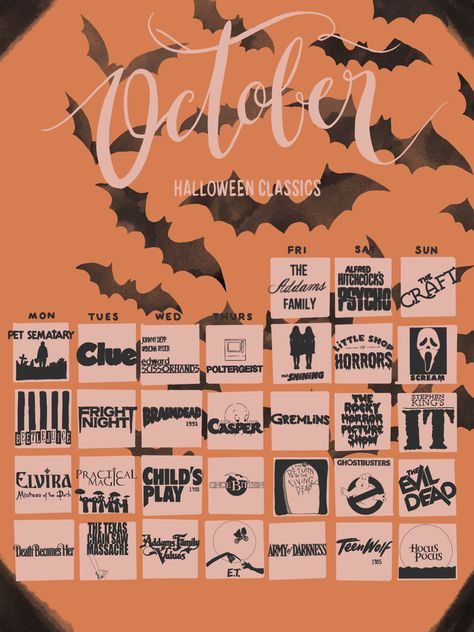 October Horror Movie List, Halloween Movie Calendar, Scary Movie Calendar, Horror Movies To Watch In October, October Movie Calendar, October Horror Movie Challenge, October Horror Movie Calendar, October Movies, Halloween Movies List