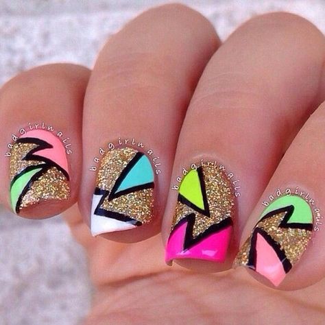 80s Nails, Nail Art Paillette, Triangle Nails, Funky Nail Art, Colorful Nail Art, Colorful Nail, Her Nails, Nail Swag, Neon Nails