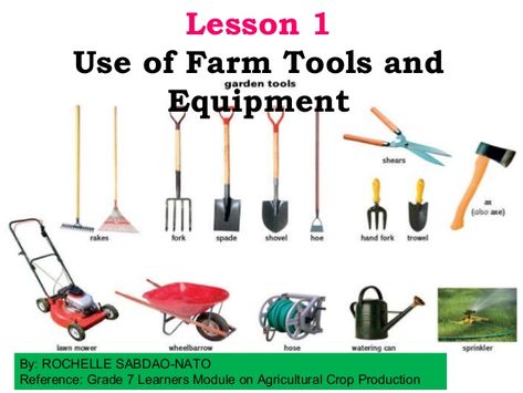 Lesson 1Use of Farm Tools andEquipmentBy: ROCHELLE SABDAO-NATOReference: Grade 7 Learners Module on Agricultural Crop ... Tools Vocabulary, Farm Tools And Equipment, Agriculture Tools, Farming Tools, Hand Cultivator, Types Of Farming, Agricultural Tools, Vegetables Garden, Hand Trowel