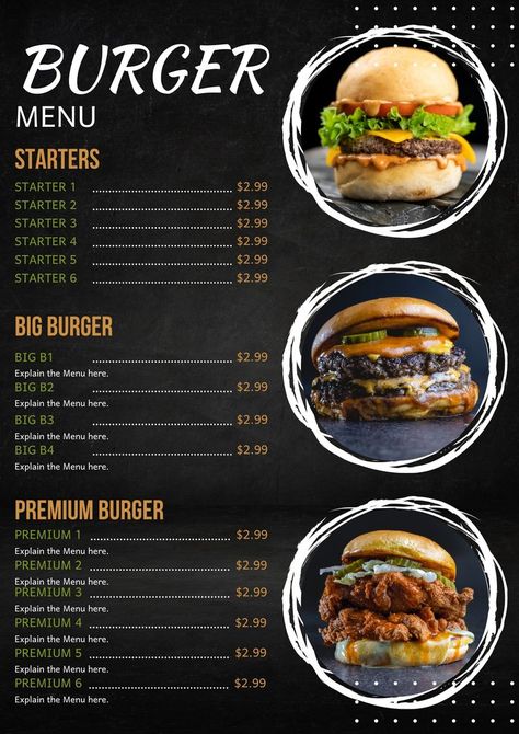 posters, poster, flyers, brochure, menu Burger Menu Design Ideas, Burger Plating Ideas, Hamburger Menu Design, Burger Menu Design, Burger Names, Hamburger Sandwich, Funny Burger, Black Burger, Menu Burger