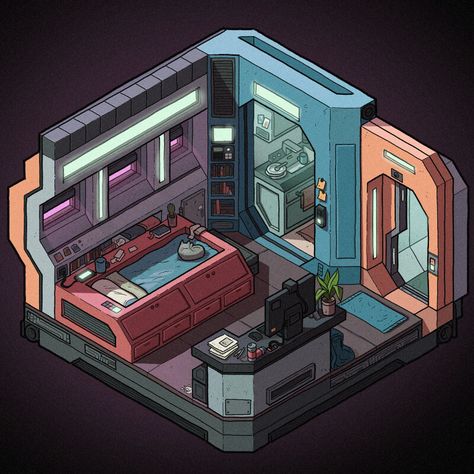 ArtStation - Futuristic Micro-apartment Illustrations, Jesse Riggle Sci Fi Room, Futuristic Room, Cyberpunk Room, Futuristic Bedroom, Scifi Interior, Habbo Hotel, 3d Karakter, Spaceship Interior, Micro Apartment