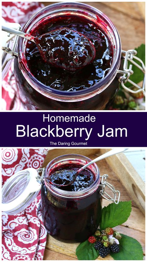 Bursting with fresh blackberry flavor, this homemade blackberry jam is easy to make, is made without pectin and tastes phenomenal! Blackberry Jelly Recipe, Blackberry Dumplings, Blackberry Jam Recipe, Daring Gourmet, Homemade Blackberry Jam, Blackberry Jam Recipes, Canning Jam Recipes, Canning Ideas, Blackberry Recipes