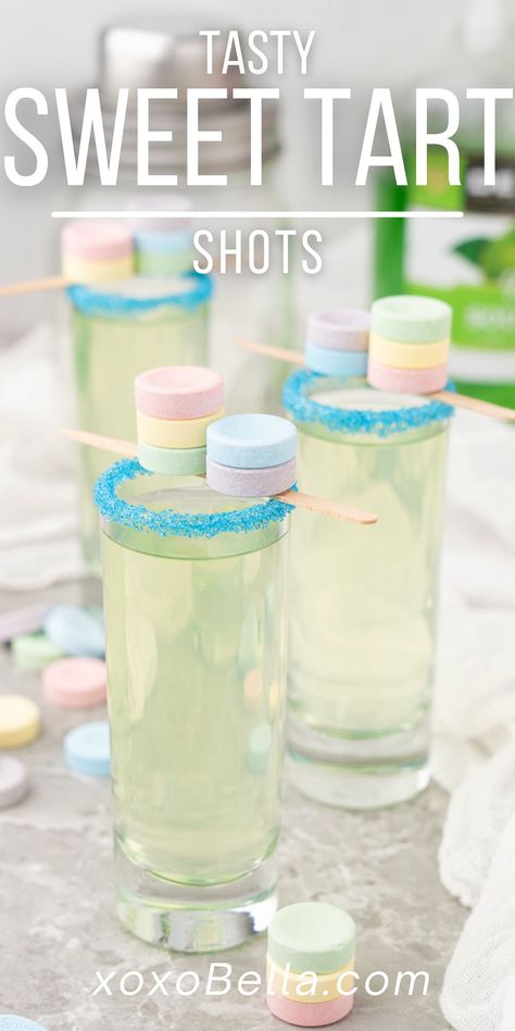 Sweet Tart Shot Recipe, Sweetarts Candy, Candy Alcohol Drinks, Shots Alcohol Recipes, Sour Apple Pucker, Cherry Flavoured, Candy Shots, Apple Schnapps, Flavored Rum