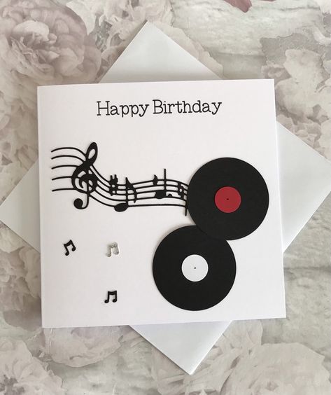 Vinyl Record Birthday Card, Retro Record Card for Dad, Music Lover Card, DJ Card, Card for Him-Her, Music Gift, Record Collector, UK Shop Super charming card featuring vinyl records and intricate music notes. Perfect card for a Music lover, DJ or Musician. Truly stylish handmade card that will surely put a smile on the recipient's face. This 14.5 cm x 14.5 cm (6'' x 6'') 250 gsm card features the printed sentiments 'Happy Birthday'. Quality card stock has been used for the vinyl records and musi Vinyl Record Birthday, Musical Greeting Cards, Record Card, Musical Cards, Simple Birthday Cards, Homemade Birthday Cards, Masculine Birthday Cards, Birthday Cards For Boys, Cards Making