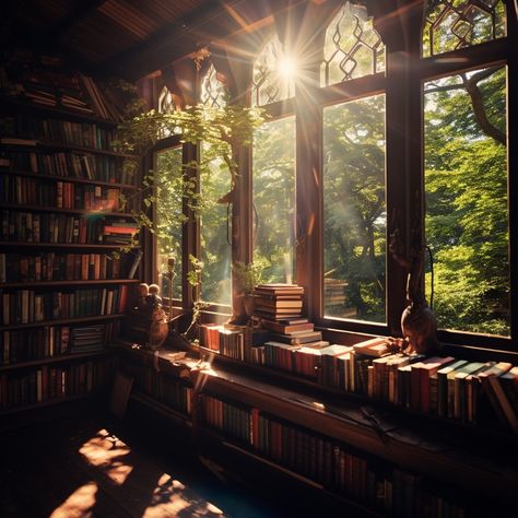 aesthetic window seat, grunge aesthetic, bookshelf, polarized, bookshelf, lens flare, window, forest, bookshelf filled with books Forest Bookshelf, Aesthetic Window Seat, Windowsill Aesthetic, Cottagecore Bookshelf, Uni Moodboard, Cottagecore Library, Forest Window, Fantasy Library, Aesthetic Window