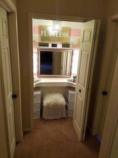 Prepare to Swoon: This Man Built His Beauty-Junkie Wife Her Dream Vanity Closet Into Makeup Vanity, Small Closet Into Vanity, Closet Into Vanity Area, Closet Vanity Ideas Small Diy, Vanity Inside Closet Small Spaces, Small Closet Vanity, Built In Vanity In Bedroom, Vanity Inside Closet, Vanity In Closet