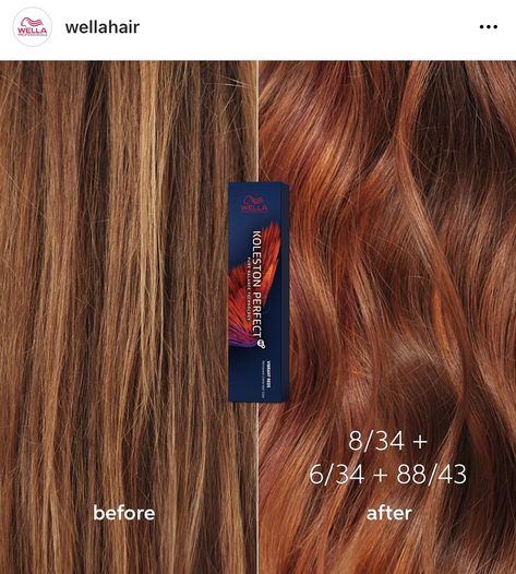 Auburn Hair Formula Wella, Wella Reds Formula, Wella Koleston Perfect Formulas, Wella Copper Formula, Copper Hair Color Formula, Red Hair Formulas, Wella Formulas, Copper Brown Hair Color, Hair Formulas