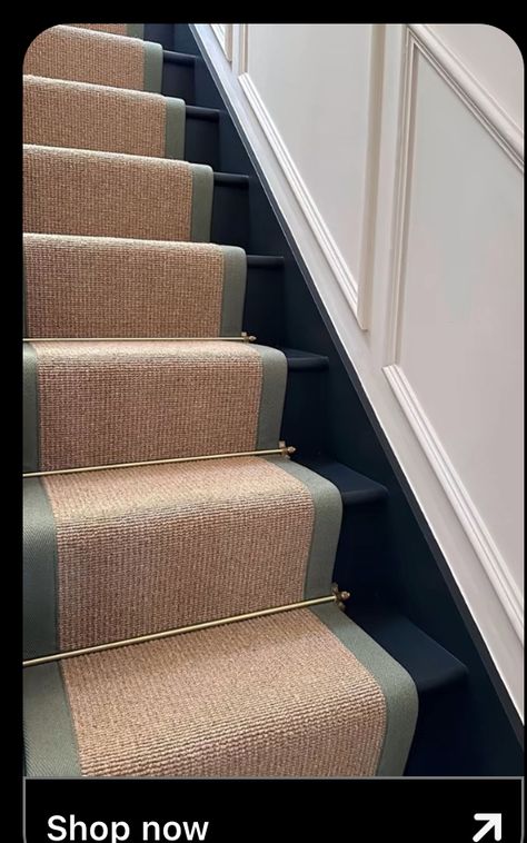 Stair Runner Rods, Brass Stair Rods, Playroom Basement, Art Deco Carpet, Black Stairs, Staircase Runner, Tennessee House, Stairs Design Interior, Stair Rods