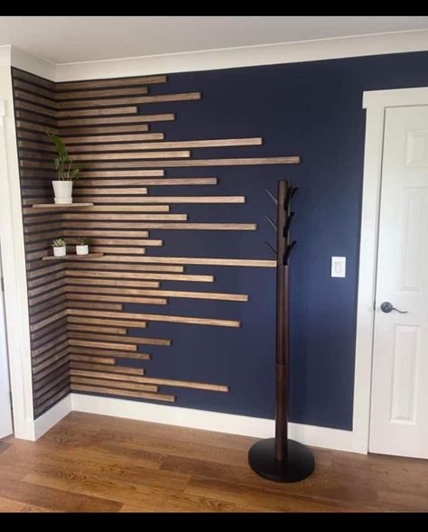 Unique Wall Designs Interiors, Slat Wall Corner, Accent Wall Paneling Ideas, Accent Wall Corner, Corner Slat Wall, Horizontal Wood Slat Wall, Pallet Accent Wall, Massage Room Decor, Wood Wall Design