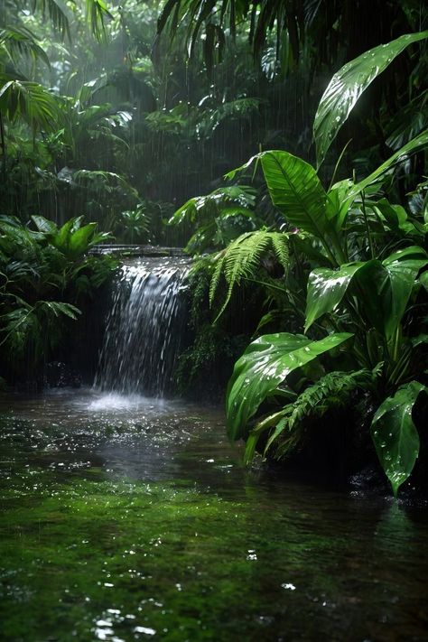 Magical Nature Photography, Tropical Rainforest Painting, Tropical Rainforest Waterfall, Humid Aesthetic, Tropical Rainforest Photography, Rainy Jungle, Rain Forest Aesthetic, Funky Wall Paint, Funky Wall Paint Ideas