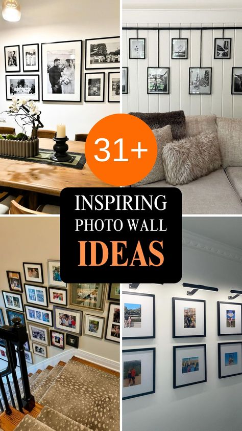 Personalize your space with these 31+ inspiring photo wall ideas that add character and warmth! 🖼️✨ From classic gallery walls to creative layouts with shelves and frames, these ideas make it easy to display your favorite memories. 🏡📸 Try a grid pattern for a sleek look, or mix frame styles for an eclectic vibe. Incorporate string lights, wall decals, or vintage frames to add personality and charm. Save this pin for creative ways to make a stunning photo wall that truly reflects your style! 🌿🌟 5 Picture Frames On The Wall Layout, Ideas For Wall Pictures, Wall Photo Layout Ideas, Wall Portrait Ideas Layout, 7 Piece Gallery Wall Layout, Photo Displays Wall, 16x20 Photo Wall Display Ideas, Curtain Rod Photo Display, Gallery Wall With Dimensions